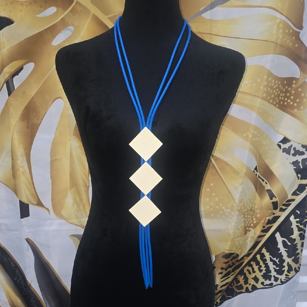 Blue Cord Necklace with Gold Diamond Pendants